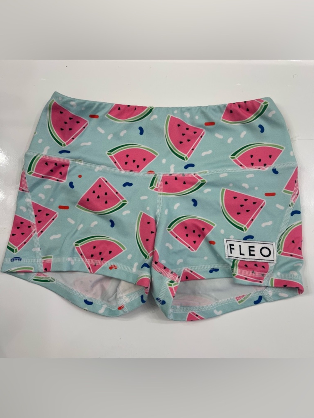 Fleo Mint Athletic Shorts with Pink Watermelon Print Mid-Rise